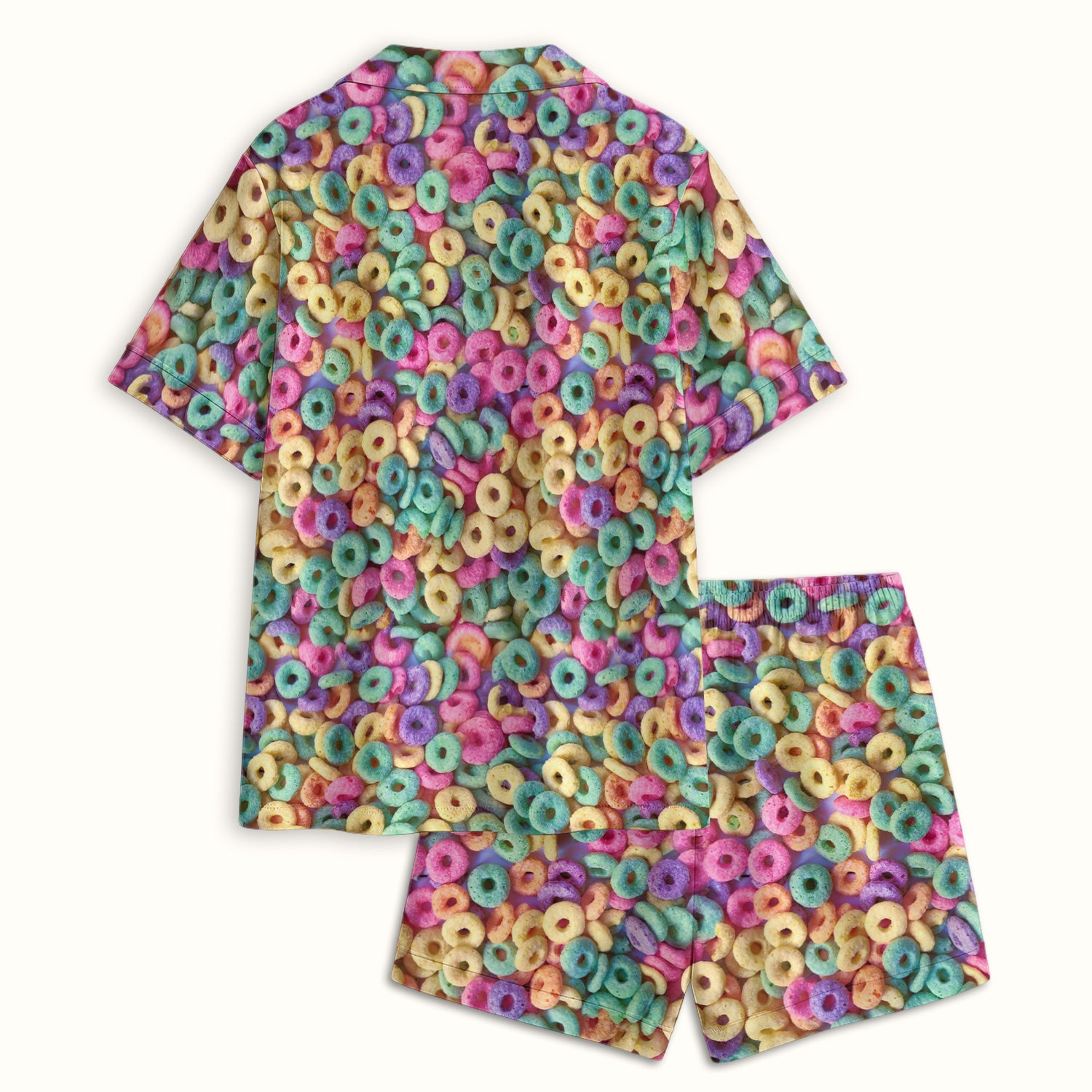 Colorful Cereal Loops Pattern Pajama Set, Soft Breathable Fabric Comfortable Sleepwear