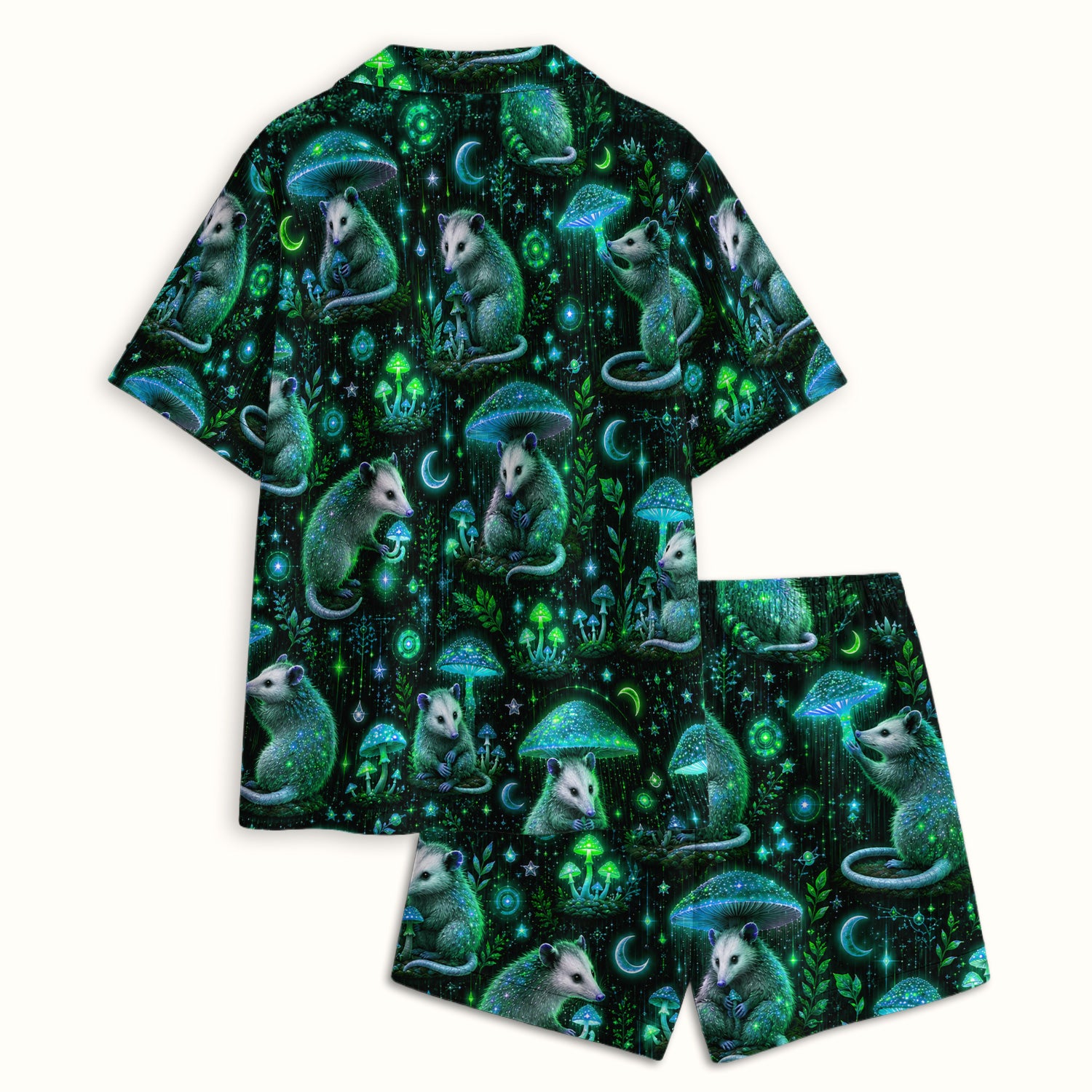 Moonlit Opossum Mushroom Pattern Pajama Set, Soft Breathable Fabric Comfortable Sleepwear