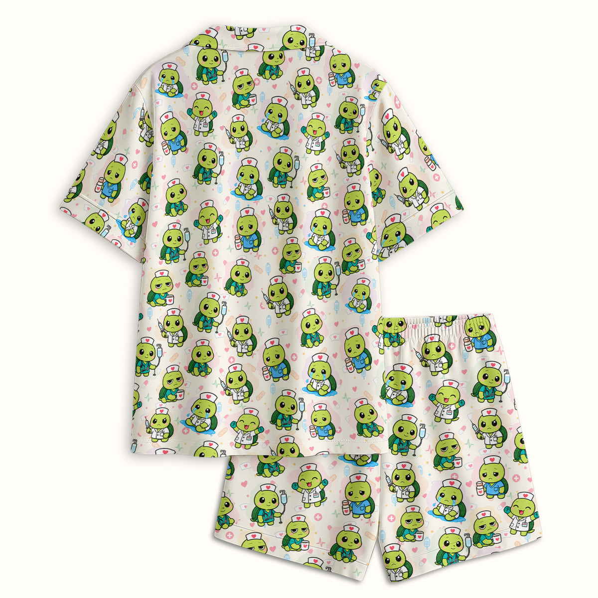 Cute Nurse Turtle Medical Icons Pajama Set, Soft Breathable Fabric Comfortable Sleepwear