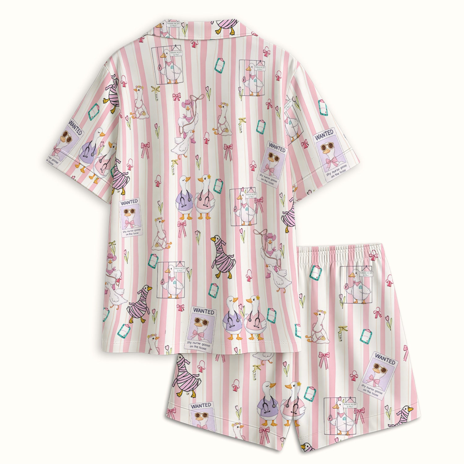 Cute Nurse Duck Stripe Pattern Pajama Set, Breathable Fabrics Uniform