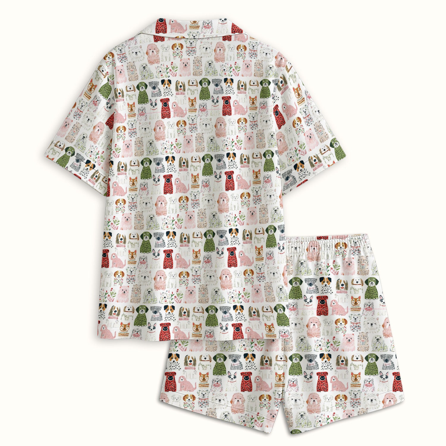 Cute Cartoon Dog Breeds Pattern Pajama Set, Breathable Fabrics Uniform