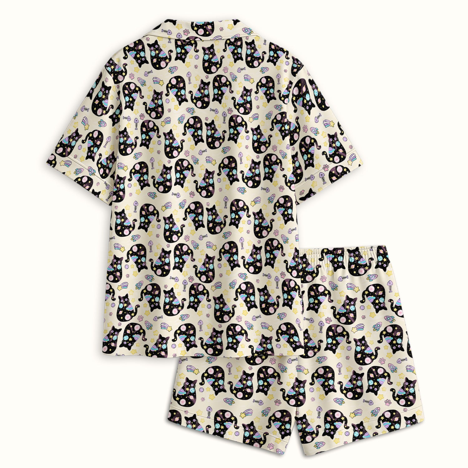 Galaxy Black Cat Space Pattern Pajama Set, Breathable Fabrics Uniform