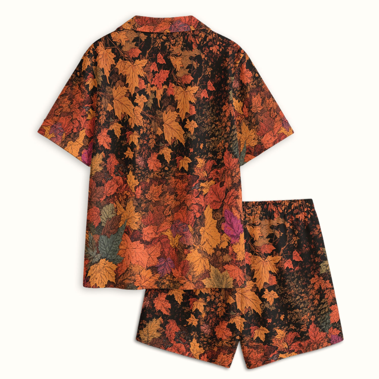 Autumn Cat with Fall Leaves Pajama Set, Soft Breathable Fabric Comfortable Sleepwear