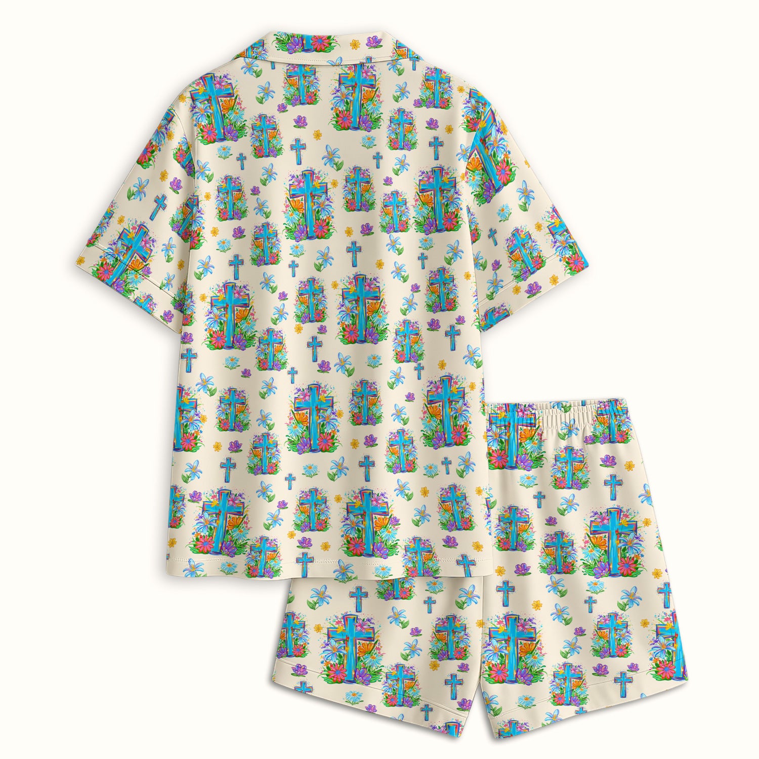 Christian Floral Cross Spring Pattern Pajama Set, Breathable Fabrics Uniform