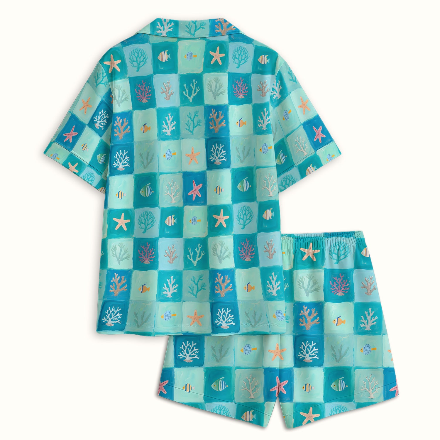 Ocean Coral Fish Starfish Checkered Pattern Pajama Set, Soft Breathable Fabric Comfortable Sleepwear