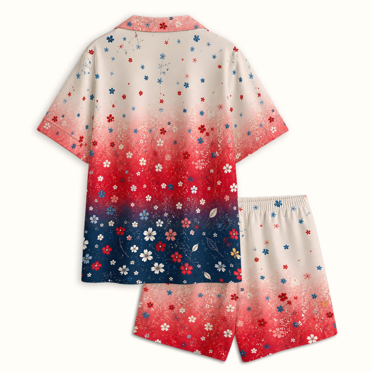 Patriotic Red White Blue Floral Ombre Print Pajama Set, Soft Breathable Fabric Comfortable Sleepwear