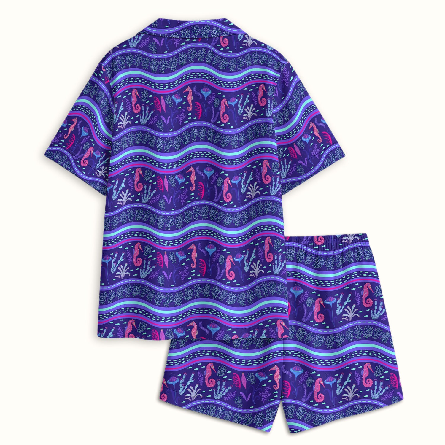 Purple Seahorse Ocean Pattern Pajama Set, Soft Breathable Fabric Comfortable Sleepwear