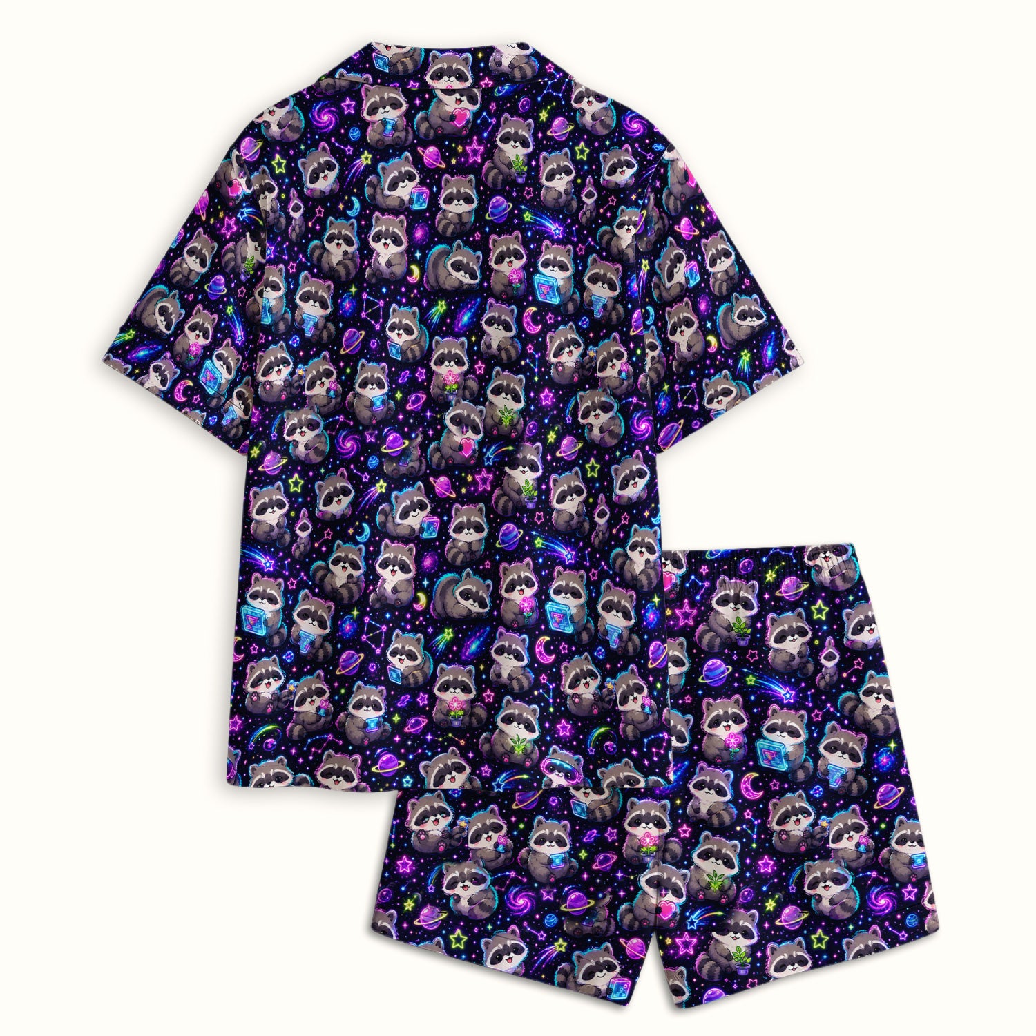 Neon Galaxy Raccoon Space Pattern Pajama Set, Soft Breathable Fabric Comfortable Sleepwear