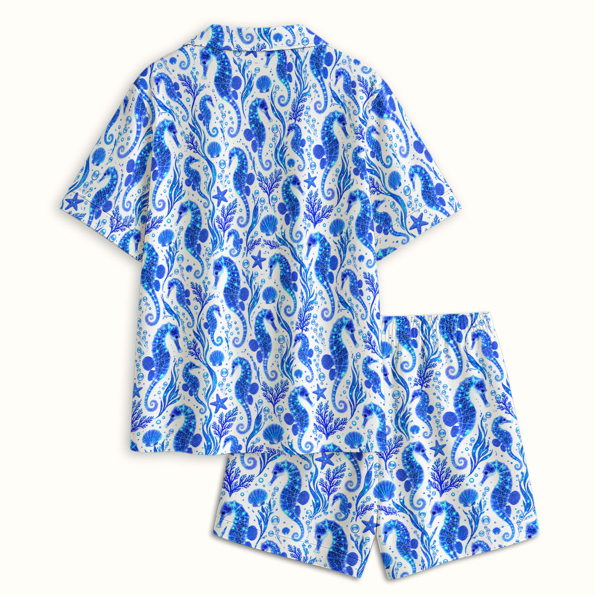 Blue Ocean Seahorse Pattern Pajama Set, Soft Breathable Fabric Comfortable Sleepwear