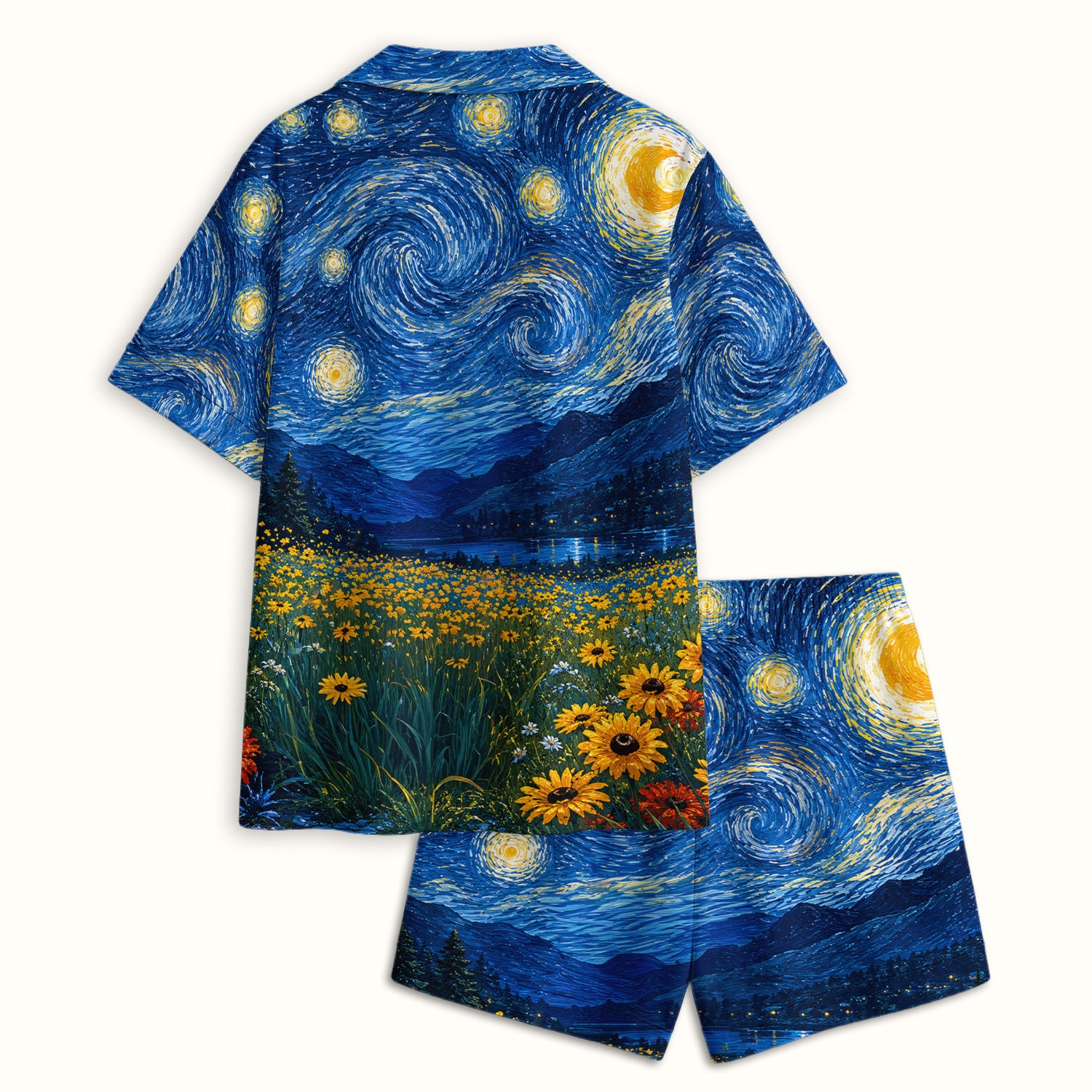Starry Cat Night Veterinary Nurse Pattern Pajama Set, Soft Breathable Fabric Comfortable Sleepwear