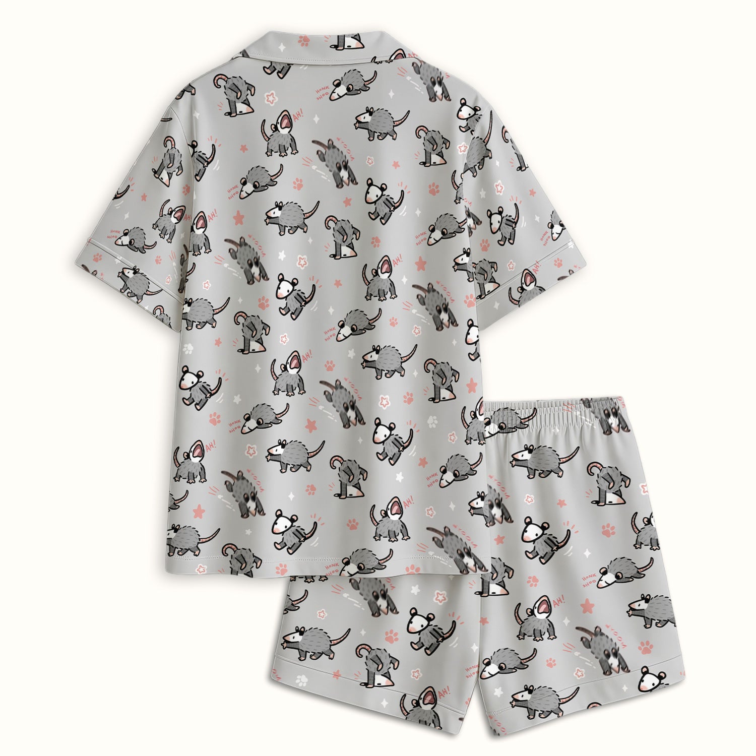 Playful Cartoon Opossum Character Pattern Pajama Set, Breathable Fabrics Uniform