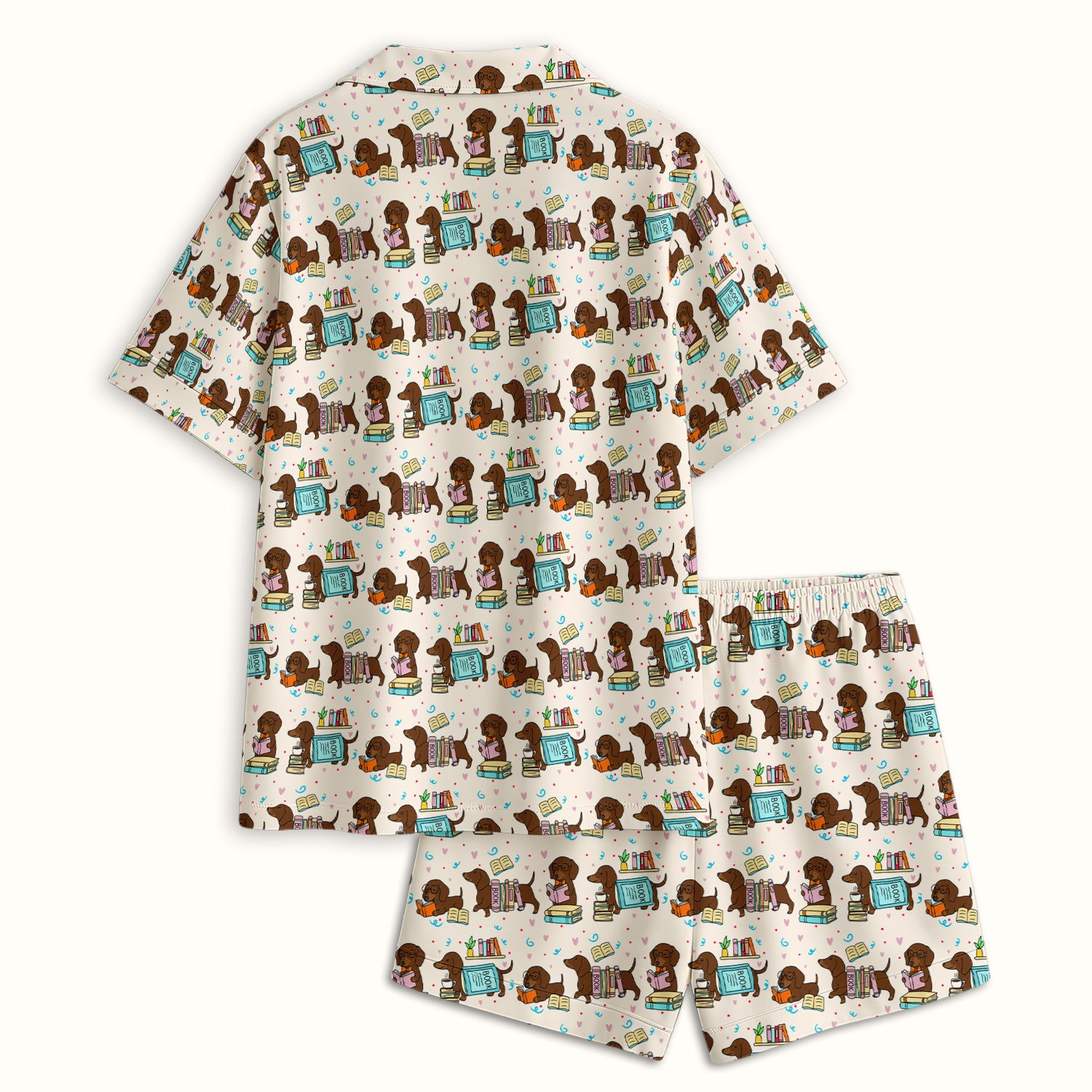 Cute Bookish Dachshund Reading Pajama Set, Soft Breathable Fabric Comfortable Sleepwear
