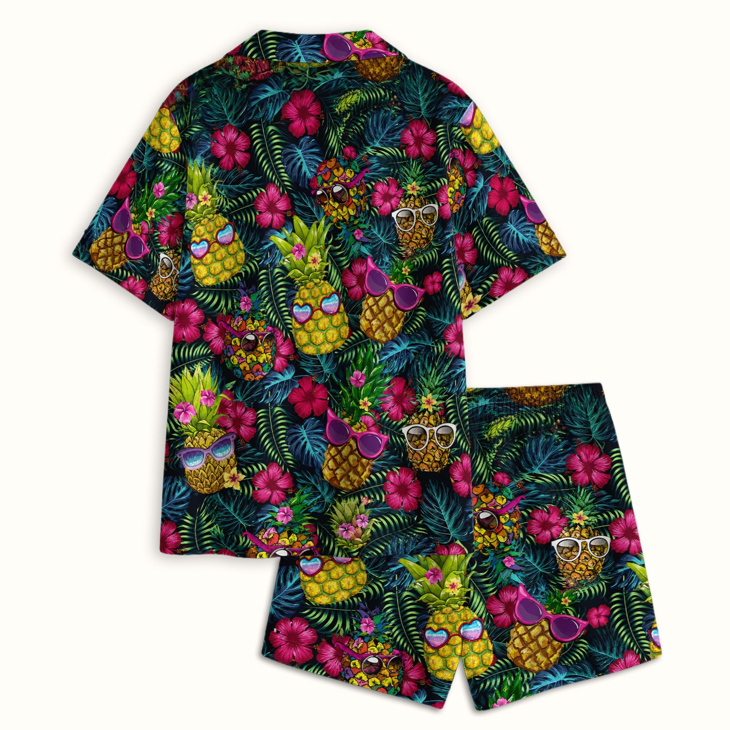 Cute Tropical Pineapple Sunglasses Pattern Pajama Set, Soft Breathable Fabric Comfortable Sleepwear