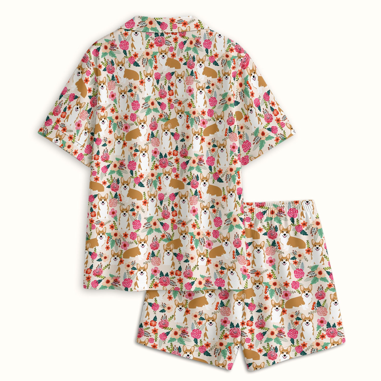 Cute Corgi Dog Floral Garden Pattern Nurse Pajama Set, Soft Breathable Fabric Comfortable Sleepwear