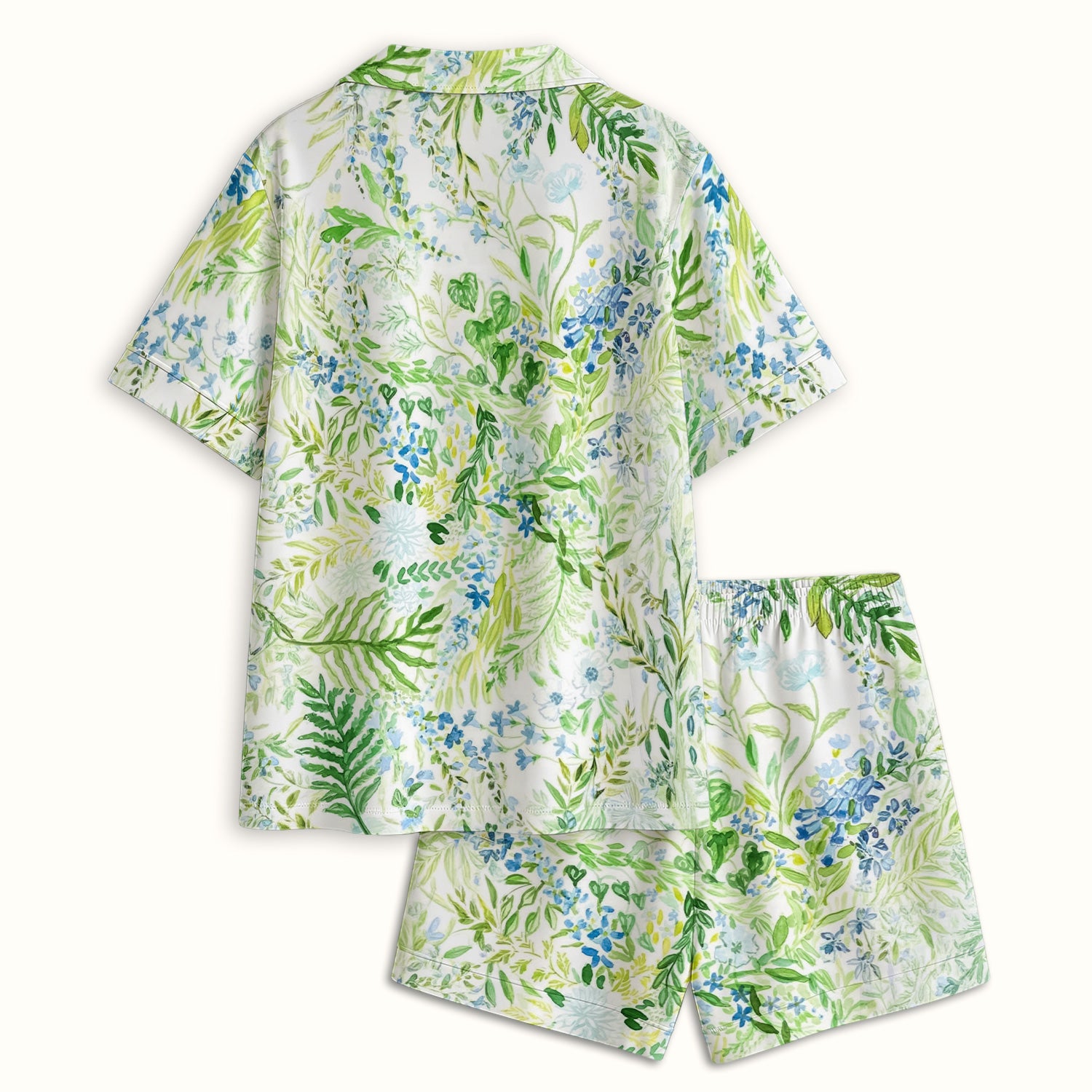 Green Botanical Floral Pattern Pajama Set, Breathable Fabrics Uniform