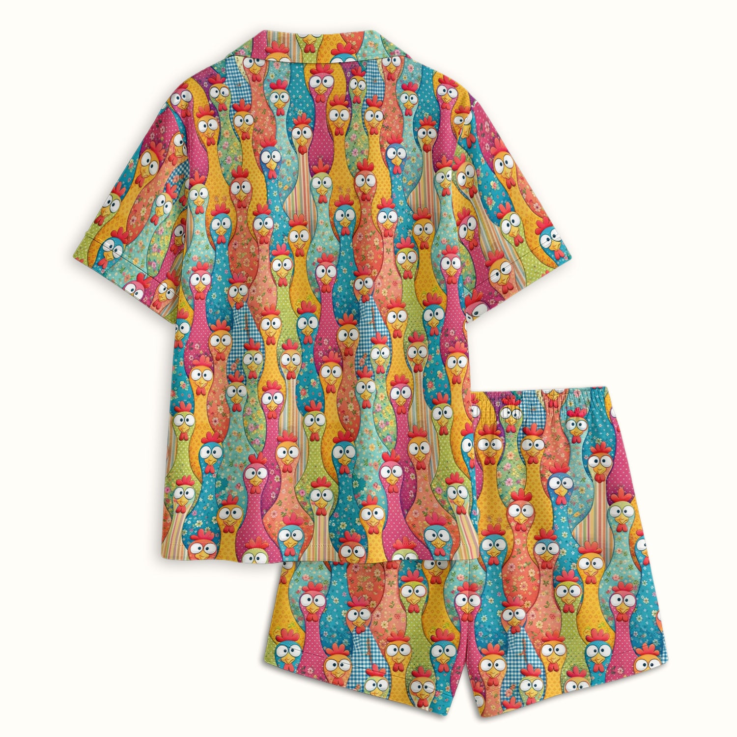 Funny Farm Chicken Cartoon Pattern Pajama Set, Soft Breathable Fabric Comfortable Sleepwear