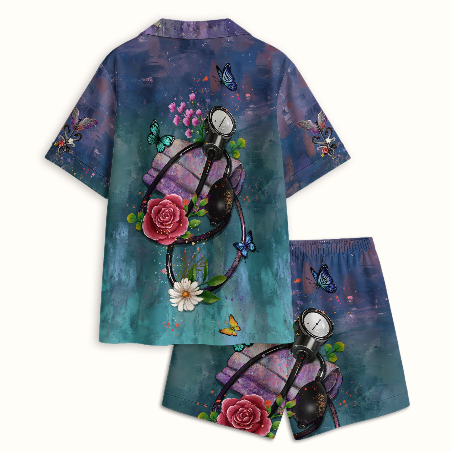 Floral Stethoscope Nurse Pattern Pajama Set, Soft Breathable Fabric Comfortable Sleepwear