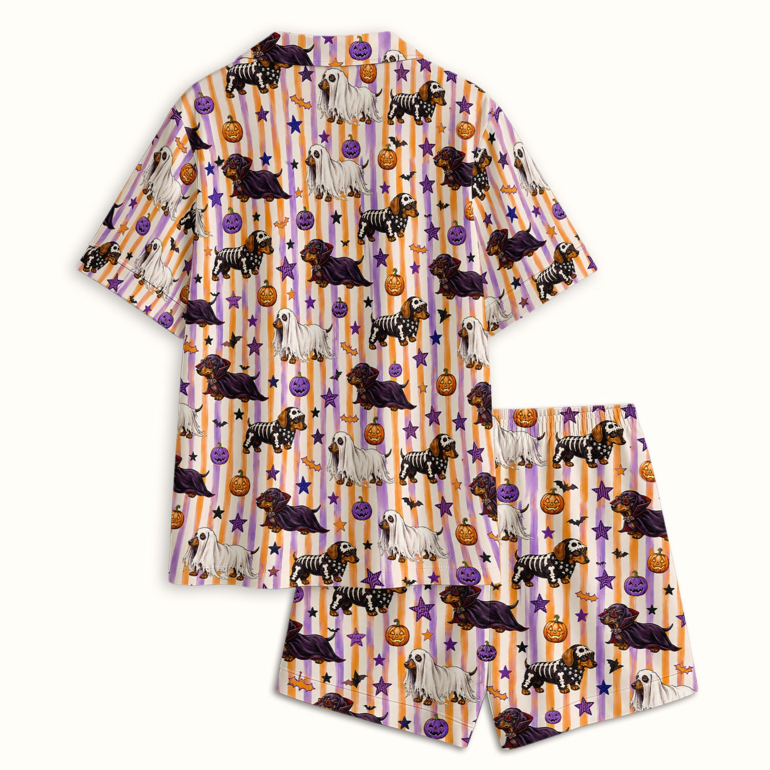 Halloween Dachshund Stripe Pattern Pajama Set, Soft Breathable Fabric Comfortable Sleepwear