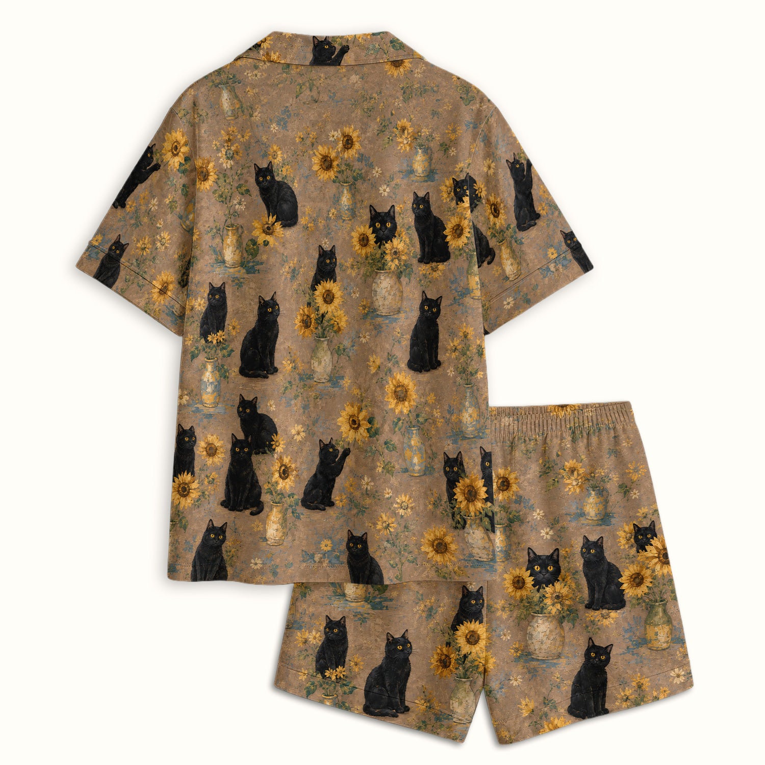 Rustic Sunflower Black Cat Print Pajama Set, Soft Breathable Fabric Comfortable Sleepwear