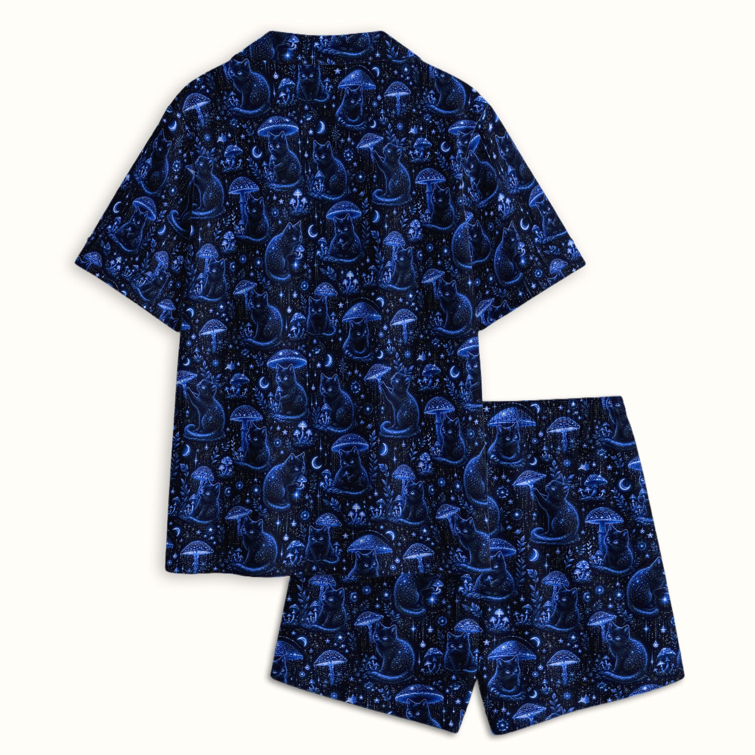 Celestial Black Cat Mushroom Pattern Pajama Set, Soft Breathable Fabric Comfortable Sleepwear