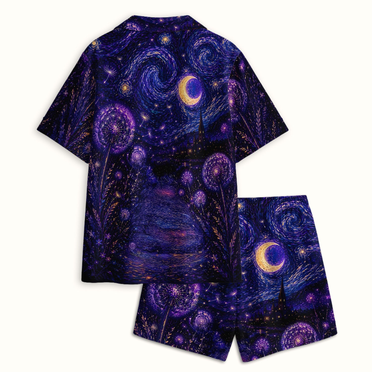 Mystical Black Cat Starry Night Print Pajama Set, Soft Breathable Fabric Comfortable Sleepwear