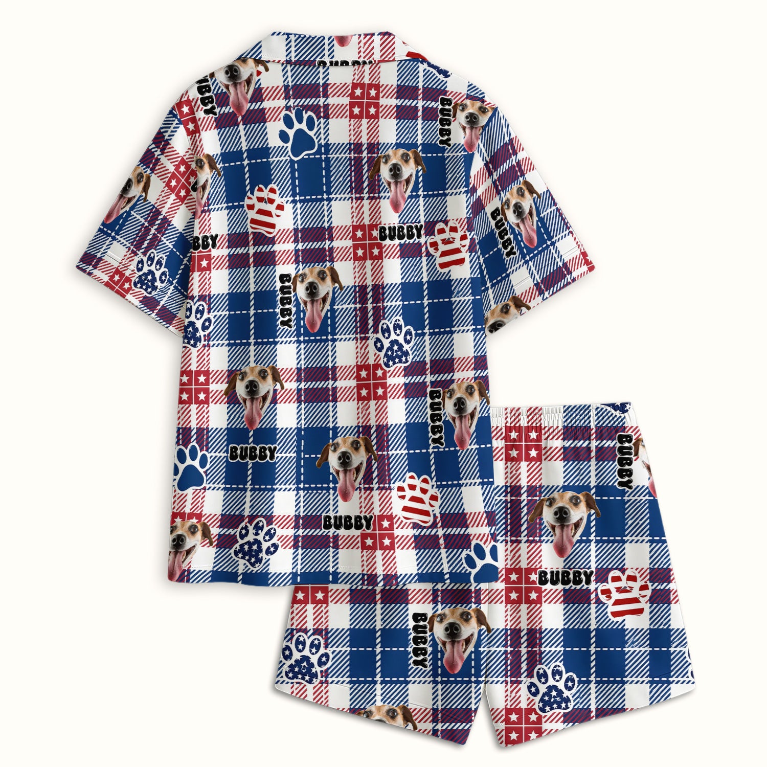 Custom Dog Face Pajama Set, Patriotic Dog Plaid Pattern, Soft Breathable Fabric Comfortable Sleepwear