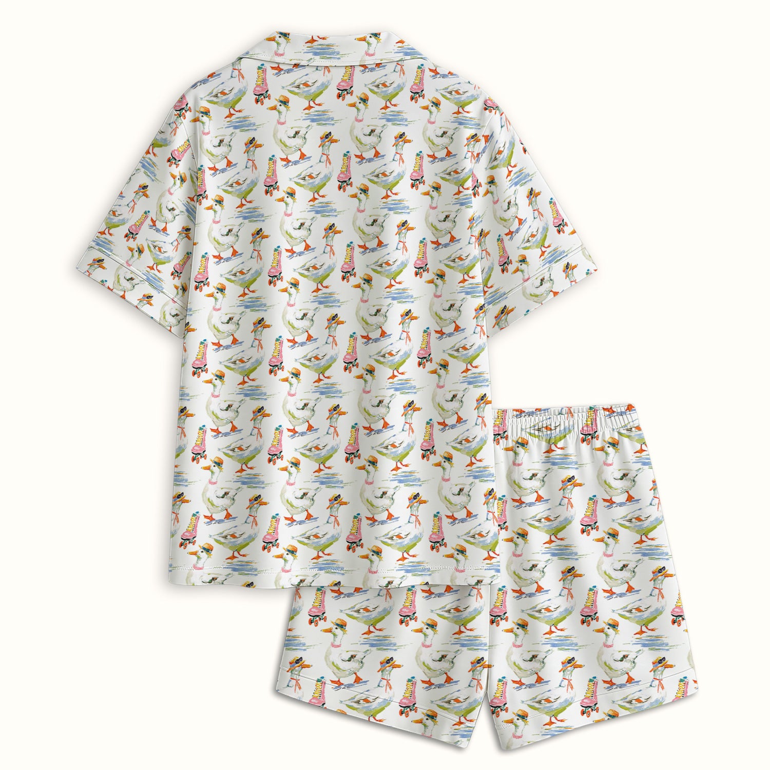 Roller Skating Goose Nurse Pattern Pajama Set, Soft Breathable Fabric Comfortable Sleepwear