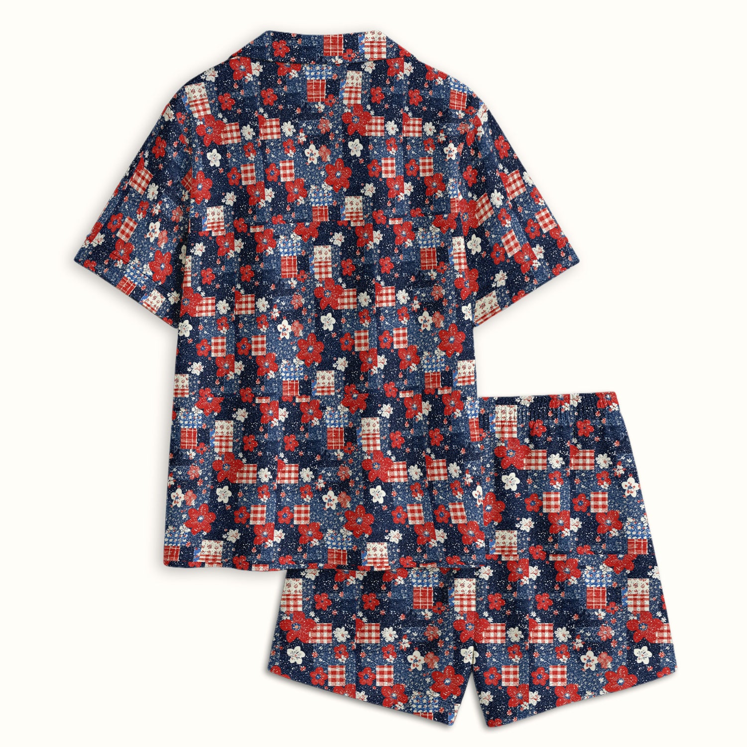 Patriotic Gingham Floral Patchwork Pattern Pajama Set, Soft Breathable Fabric Comfortable Sleepwear