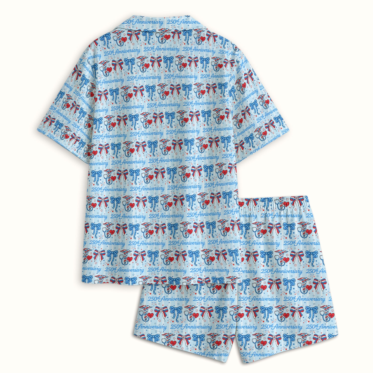 Festive 250th Anniversary Nurse Ribbon Heart Pattern Pajama Set, Soft Breathable Fabric Comfortable Sleepwear
