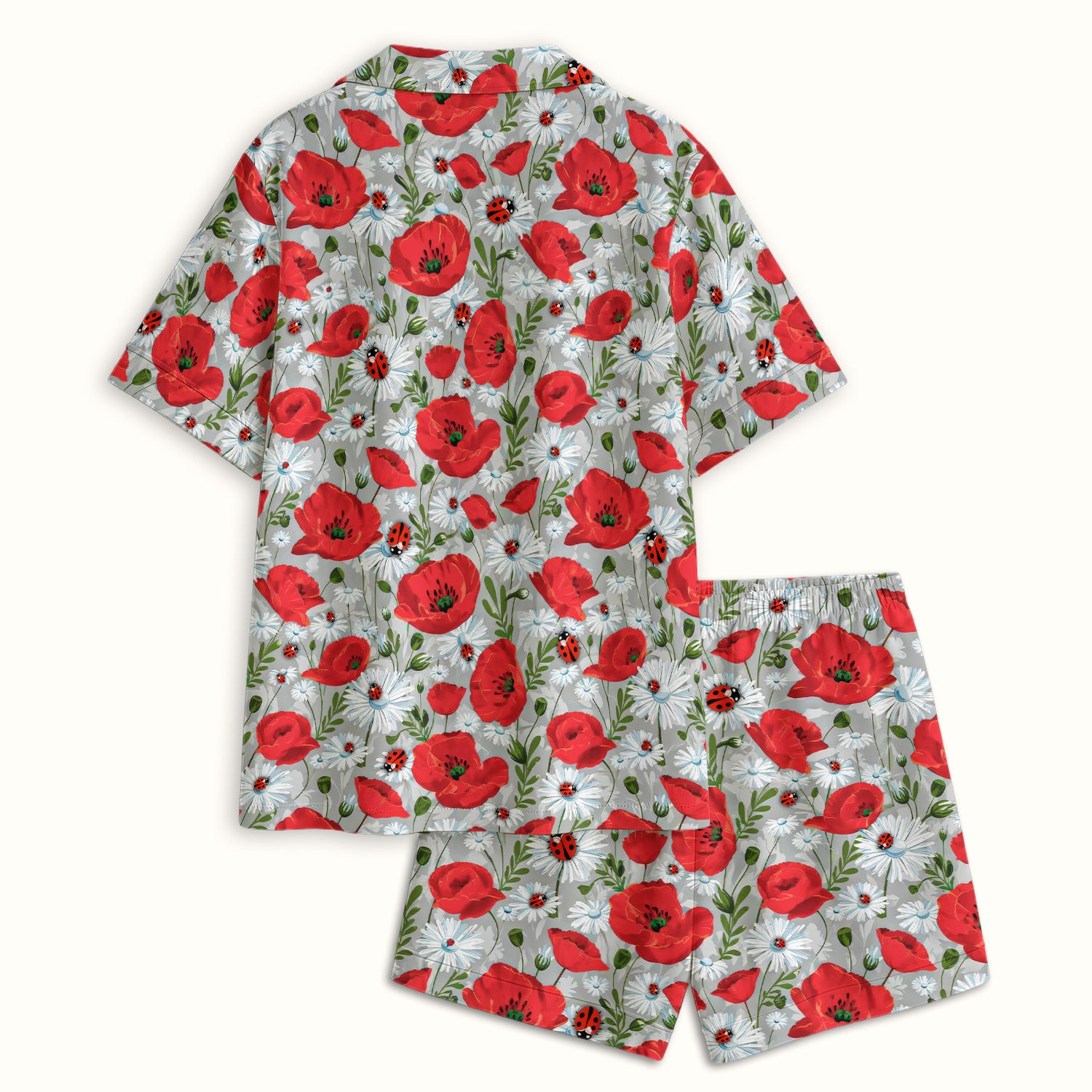 Cute Red Poppy Daisy Ladybug Floral Print Pajama Set, Soft Breathable Fabric Comfortable Sleepwear