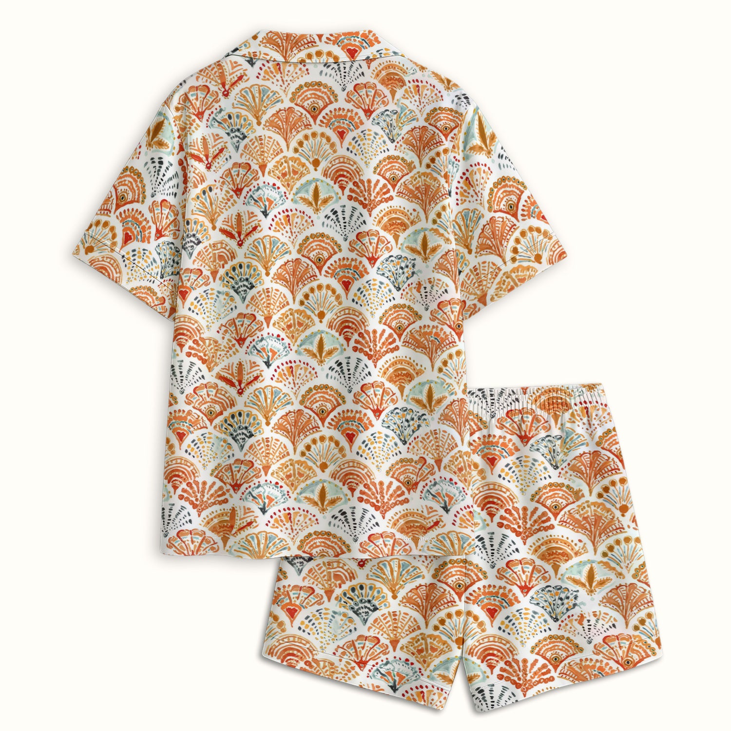 Cute Boho Fan Pattern Pajama Set, Soft Breathable Fabric Comfortable Sleepwear