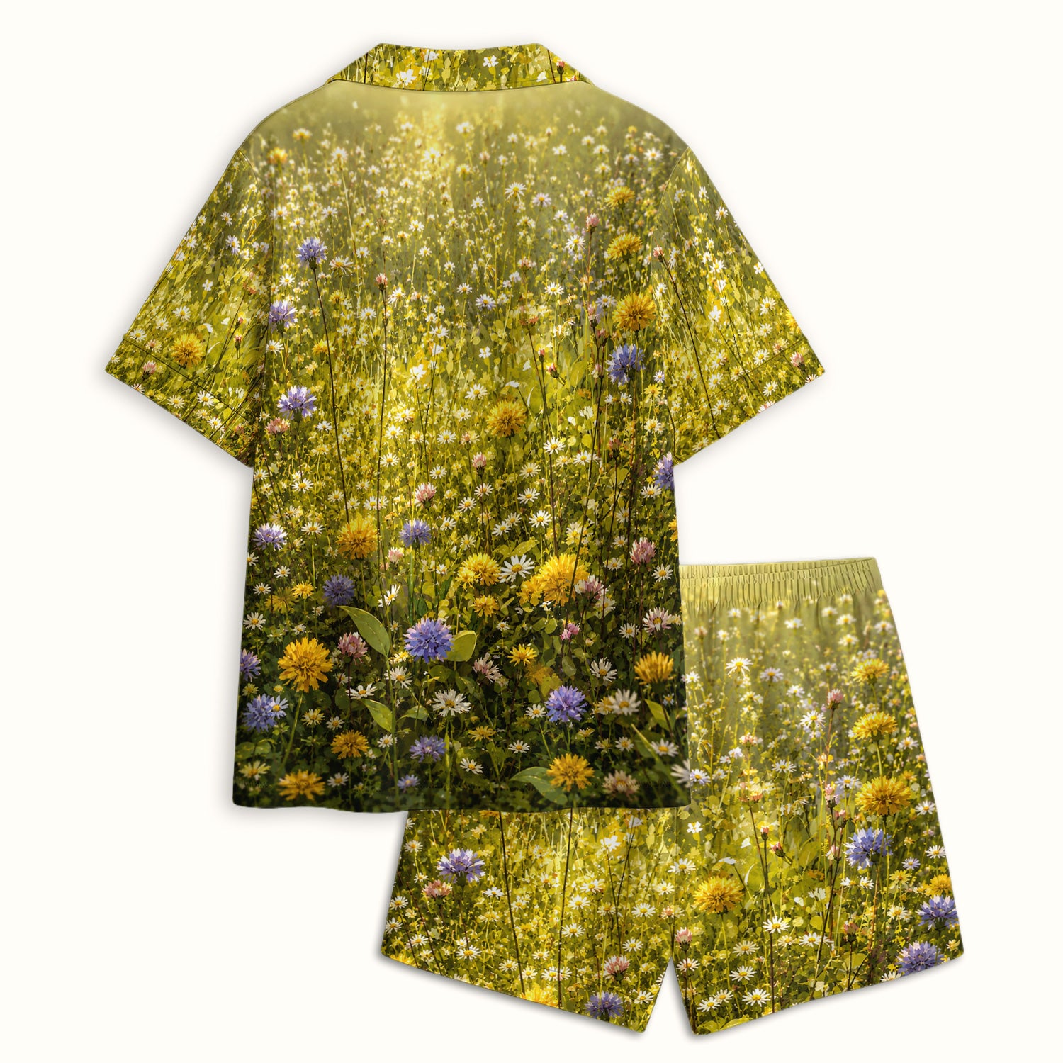 Meadow Raccoon Wildflower Garden Pattern Pajama Set, Soft Breathable Fabric Comfortable Sleepwear