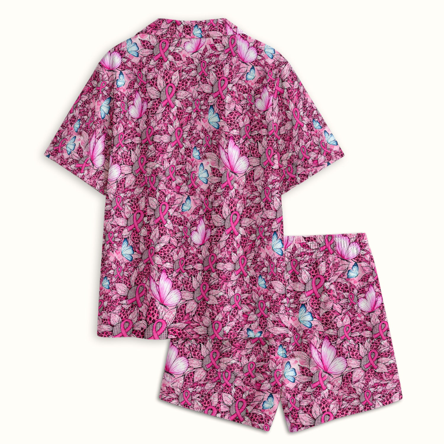 Pink Ribbon Butterfly Pajama Set, Soft Breathable Fabric Comfortable Sleepwear