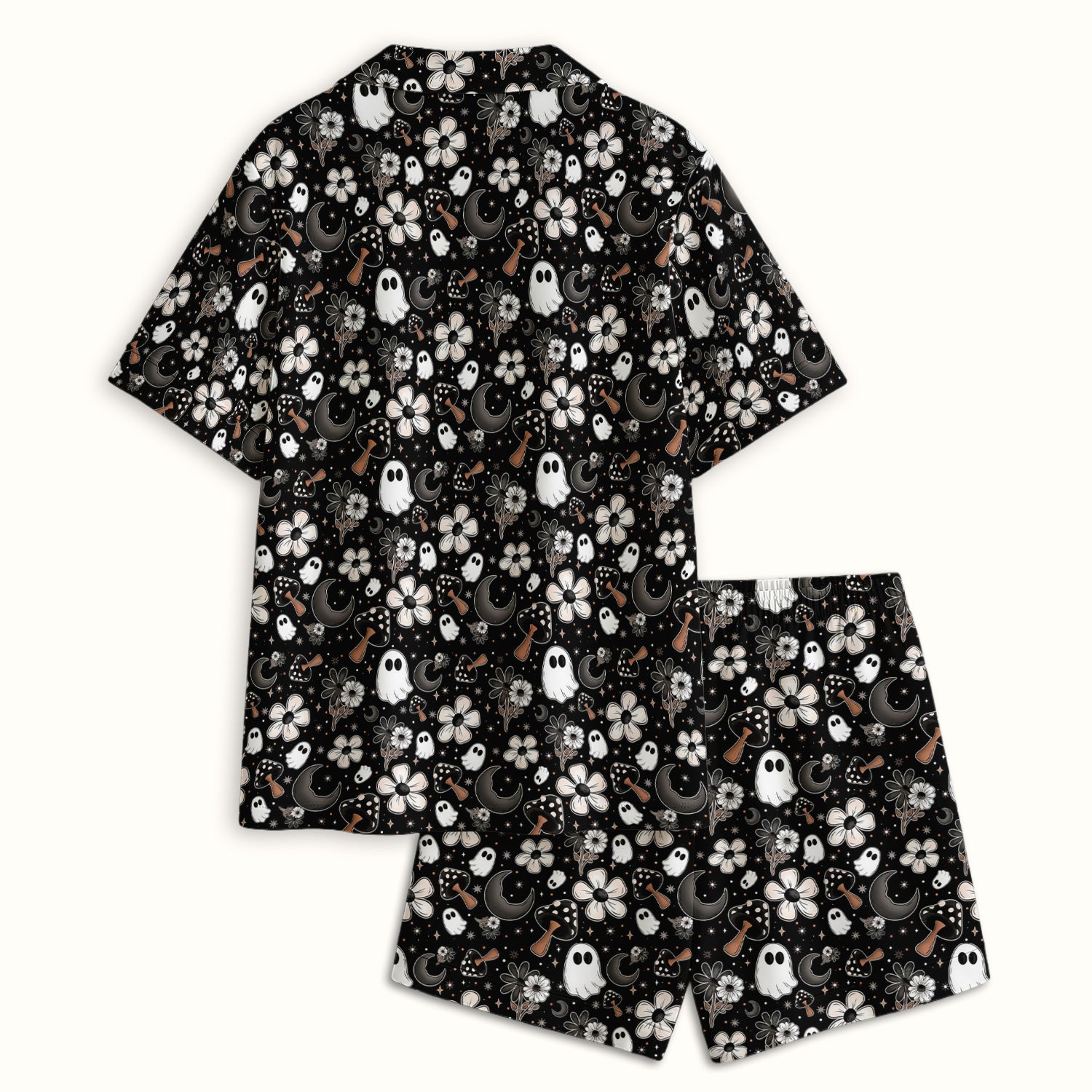 Floral Mushroom Ghost Pattern Pajama Set, Soft Breathable Fabric Comfortable Sleepwear