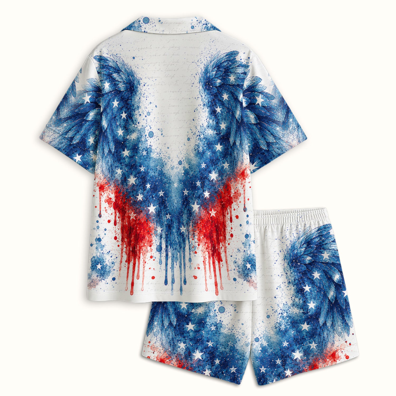 Patriotic Nurse Angel Wings Print Pajama Set, Soft Breathable Fabric Comfortable Sleepwear