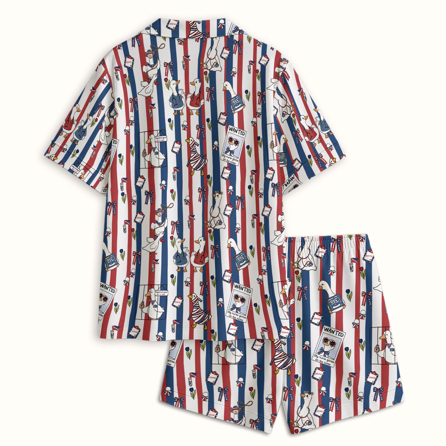 Funny Patriotic Goose Nurse Pattern Pajama Set, Soft Breathable Fabric Comfortable Sleepwear