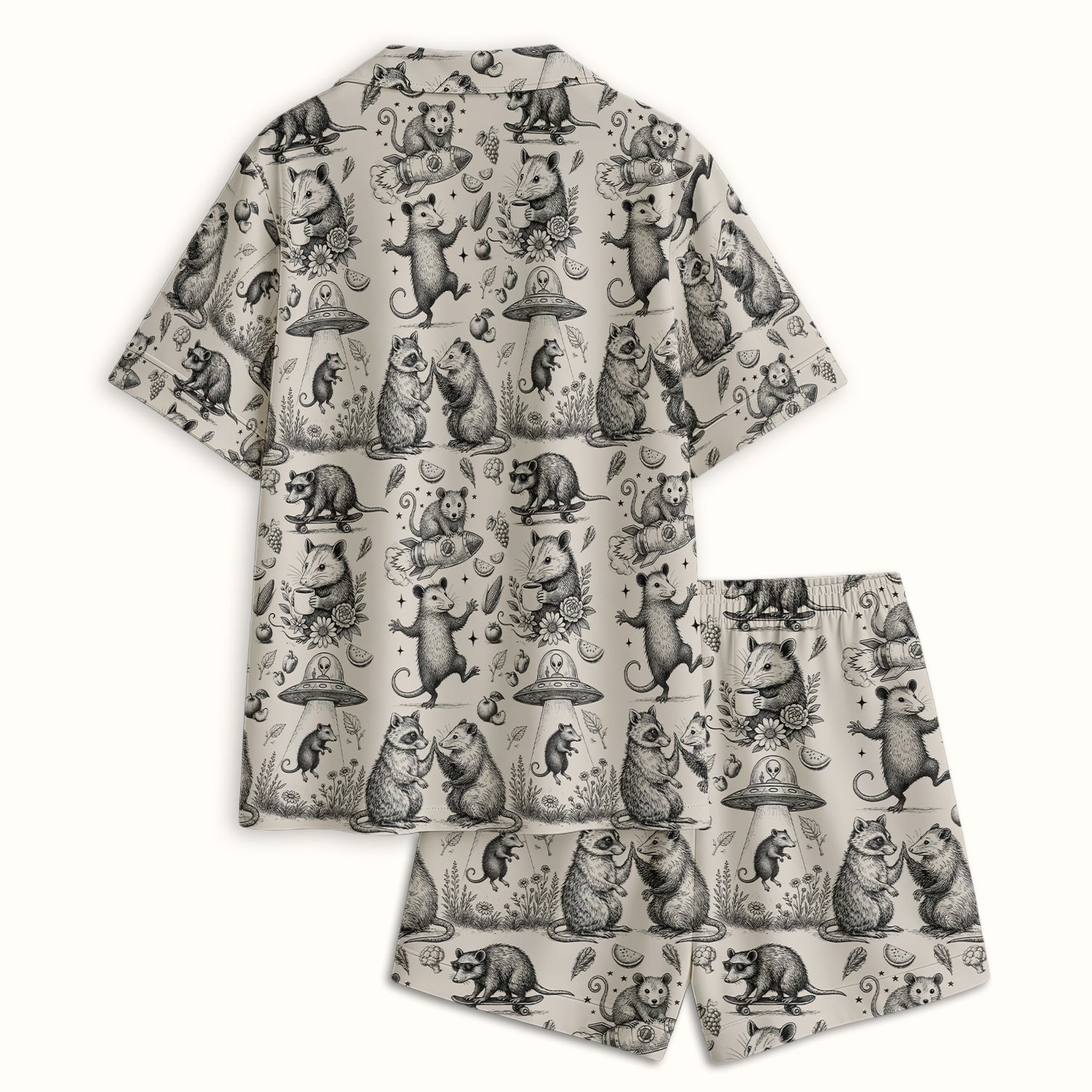 Funny Nurse Vintage Possum Raccoon High Five UFO Pattern Pajama Set, Breathable Fabrics Uniform