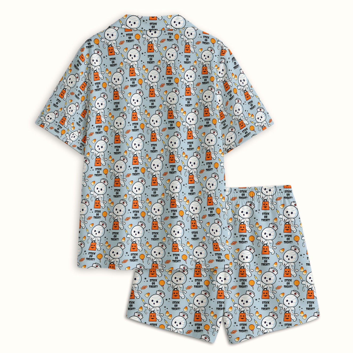 Funny Halloween Stick Or Treat Mummy Nurse Pajama Set, Soft Breathable Fabric Comfortable Sleepwear