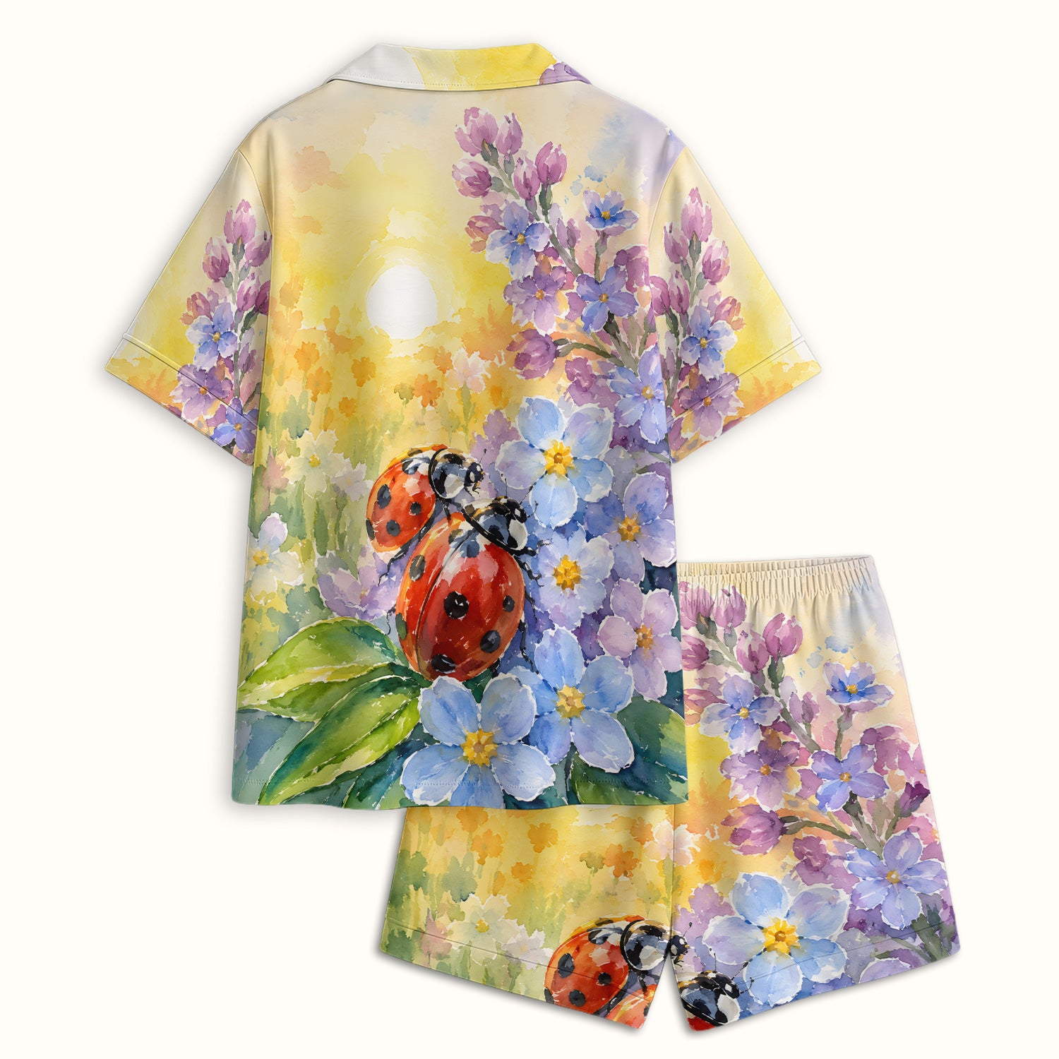 Ladybug Spring Flower Garden Print Scrub Top, Comfortable Scrubs for Nurses Pajama Set, Soft Breathable Fabric Comfortable Sleepwear