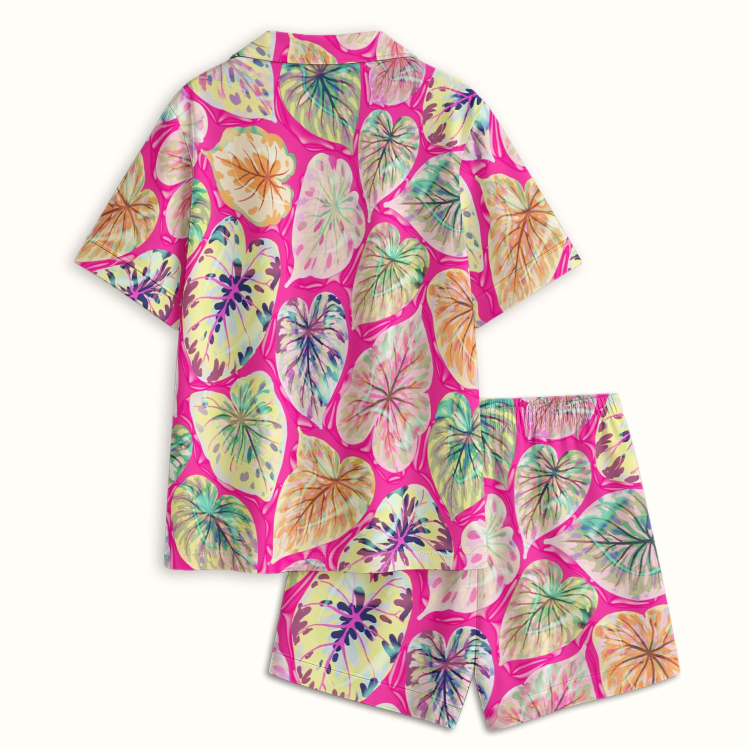 Tropical Colorful Shaped Leaf Nurse Pattern Pajama Set, Soft Breathable Fabric Comfortable Sleepwear