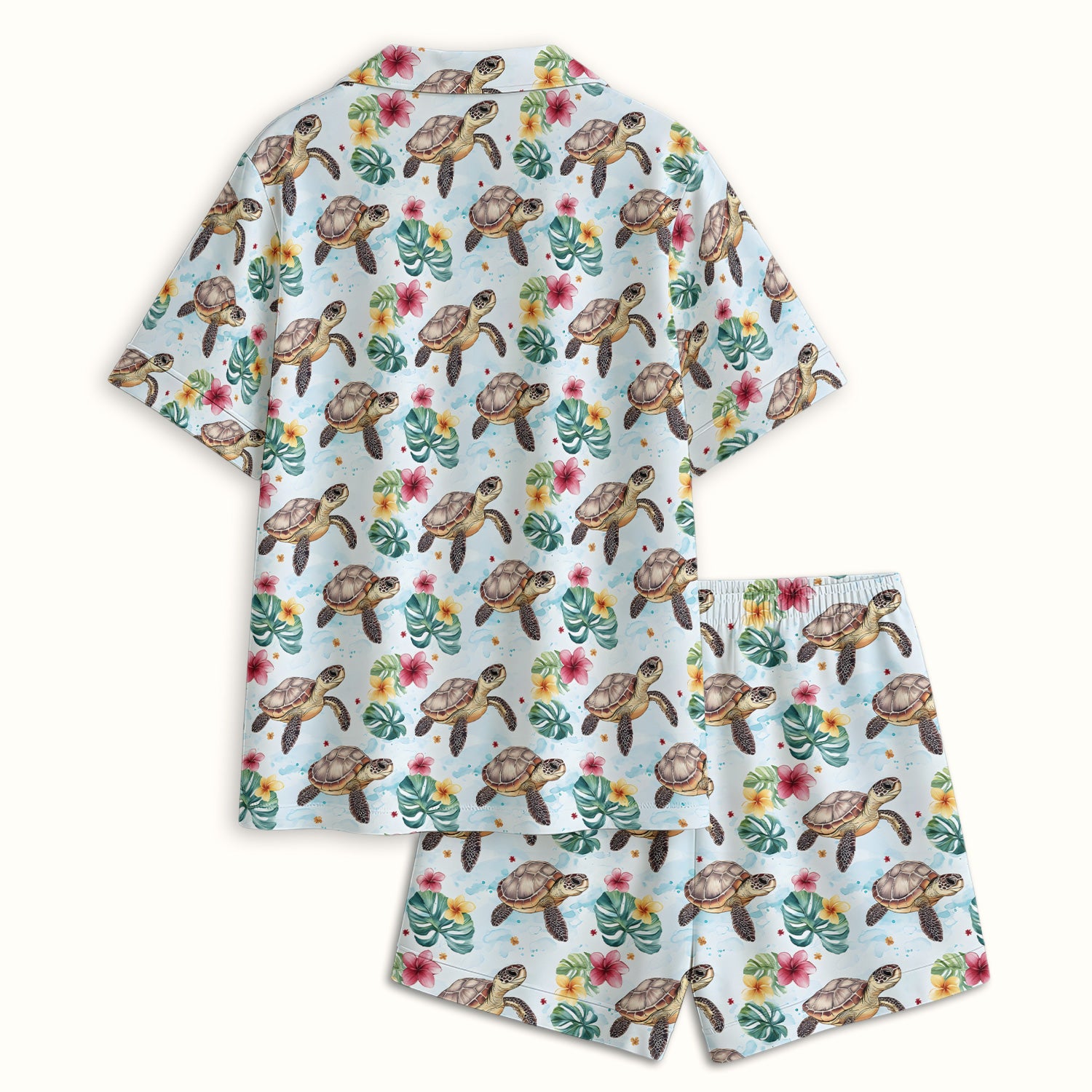 Sea Turtle Tropical Floral Pattern Pajama Set, Soft Breathable Fabric Comfortable Sleepwear