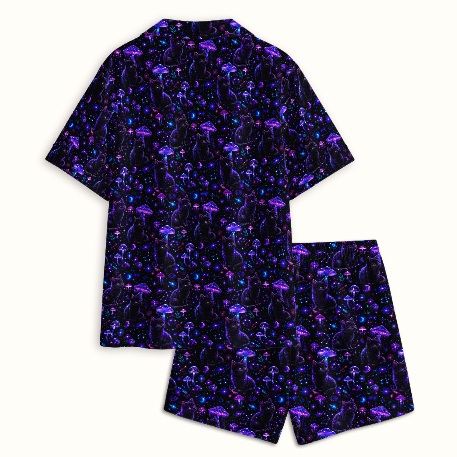 Mystical Black Cat Neon Mushroom Print Pajama Set, Soft Breathable Fabric Comfortable Sleepwear