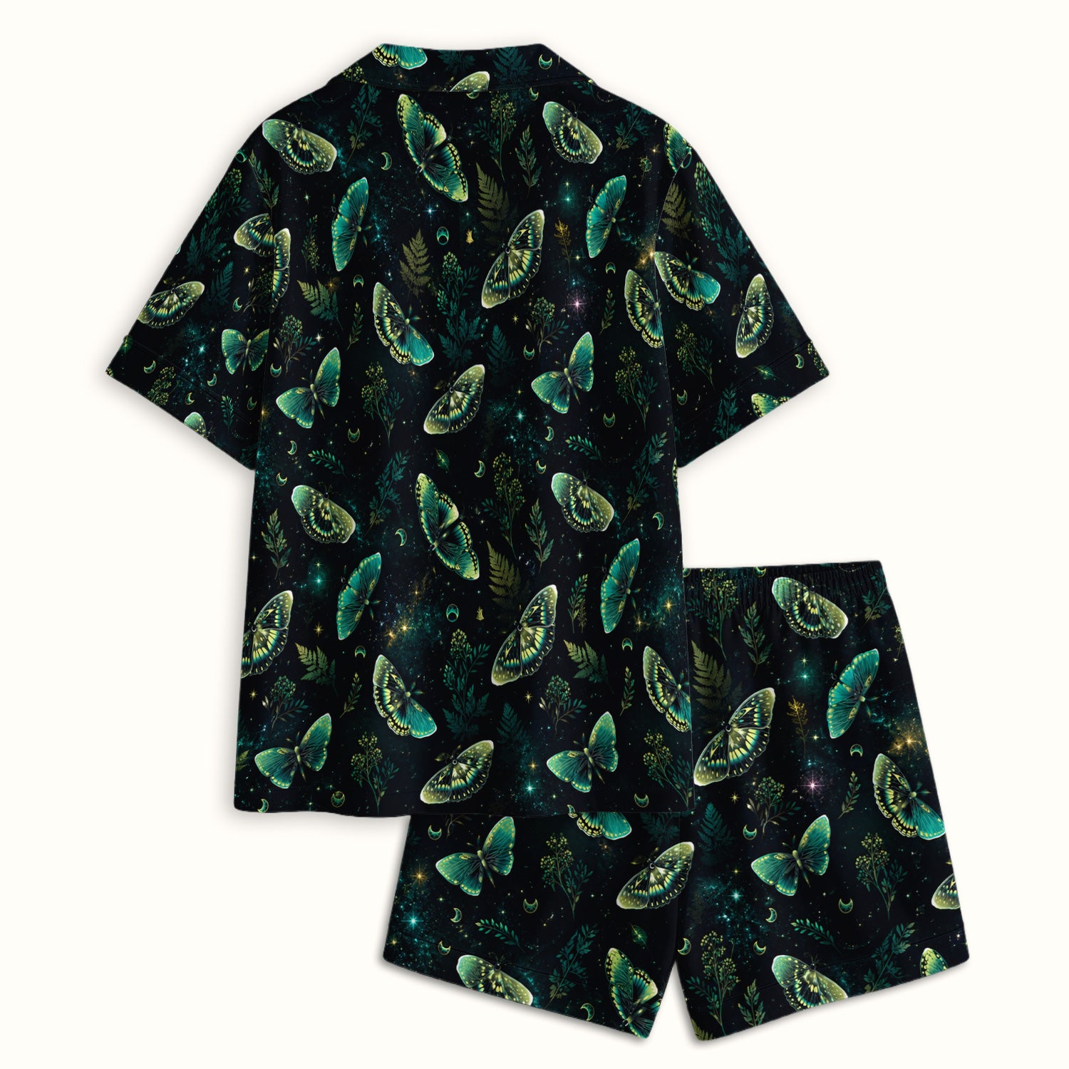 Mystical Moonlight Butterfly Garden Pattern Pajama Set, Soft Breathable Fabric Comfortable Sleepwear