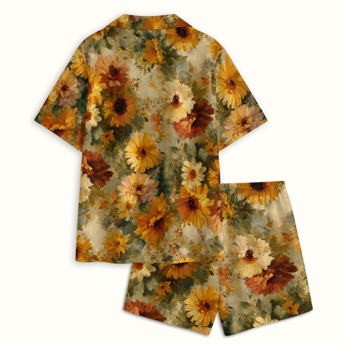 Vintage Sunflower Oil Painting Pajama Set, Soft Breathable Fabric Comfortable Sleepwear