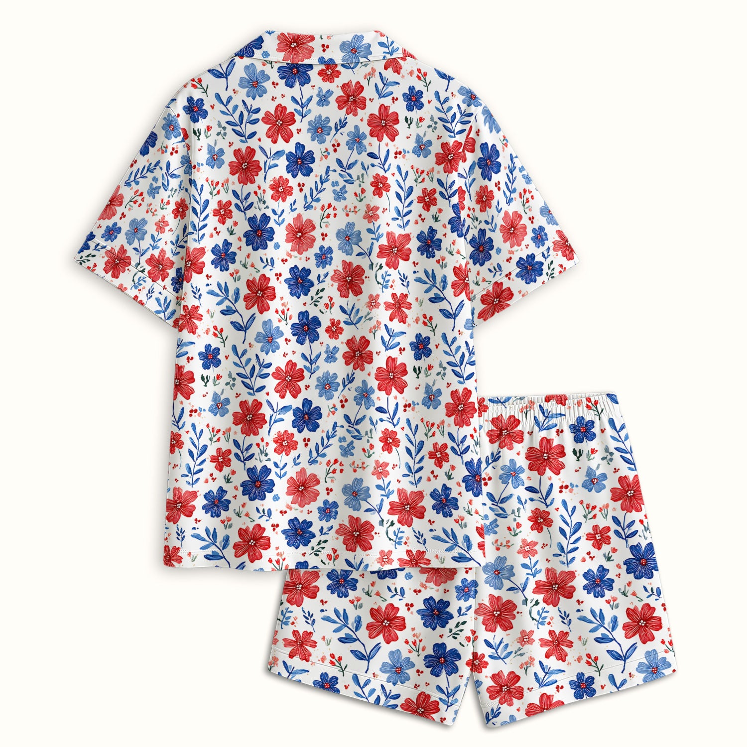 Patriotic Red White Blue Floral Print Pajama Set, Soft Breathable Fabric Comfortable Sleepwear