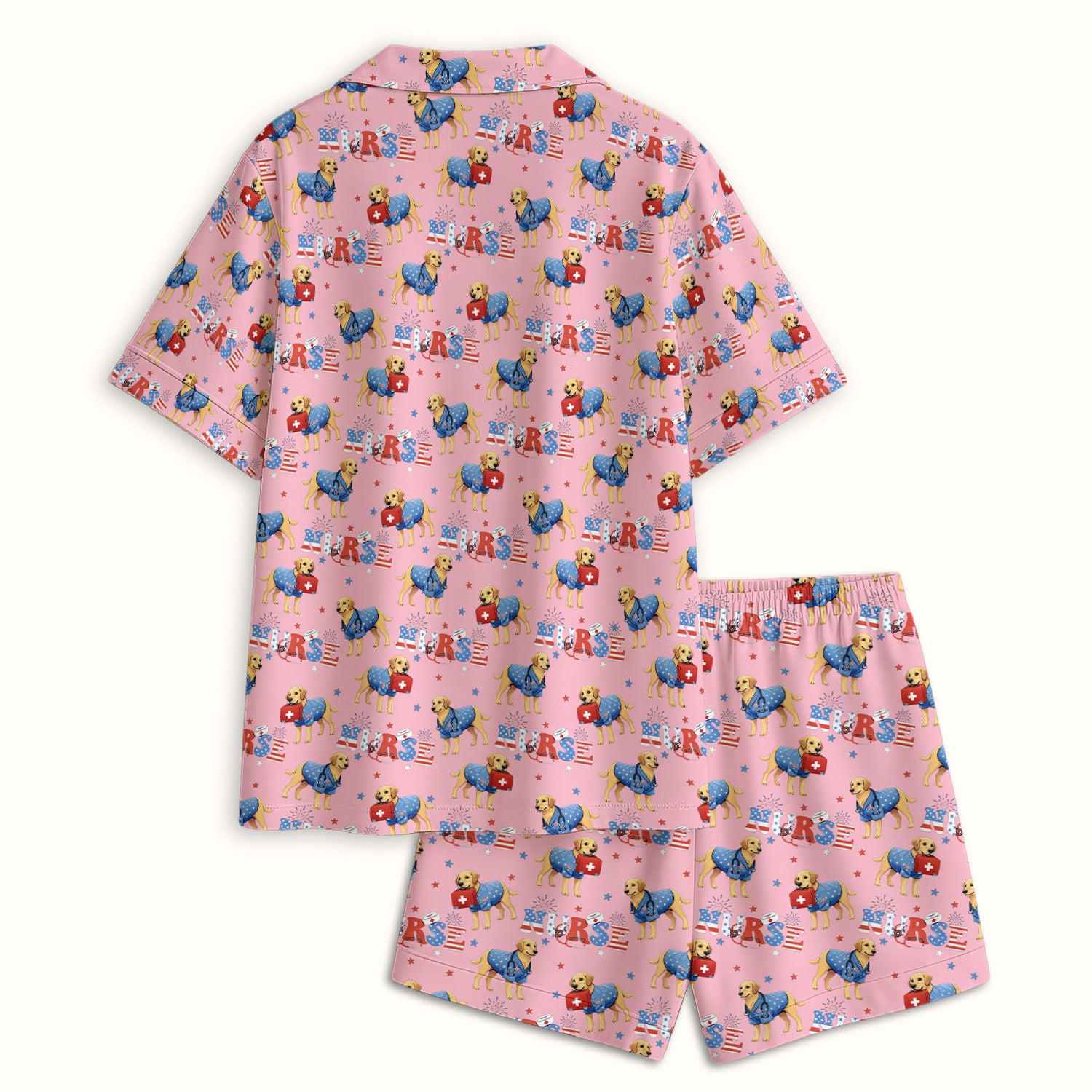 Patriotic Nurse Dog Medical Pattern Pajama Set, Breathable Fabrics Uniform