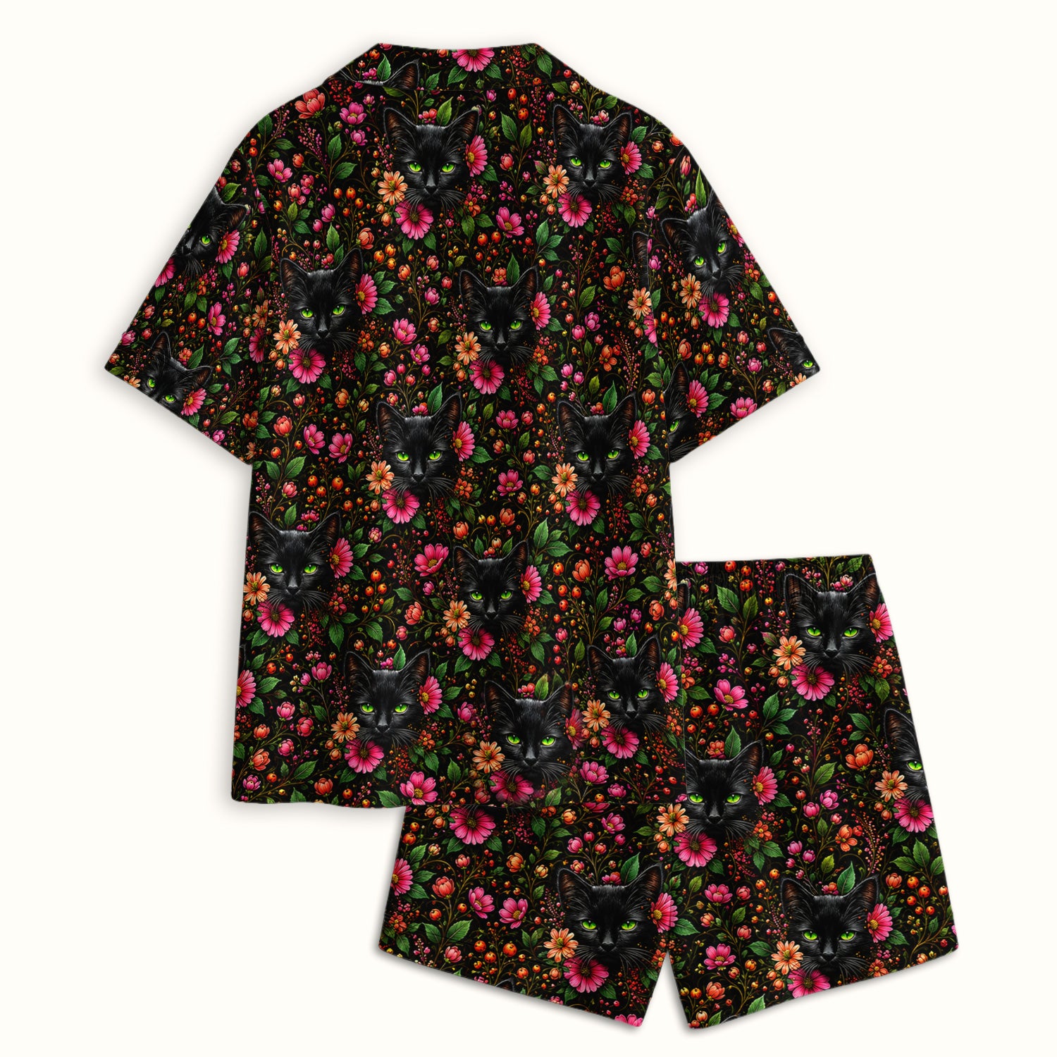 Adorable Black Cat Blossom Pattern Pajama Set, Soft Breathable Fabric Comfortable Sleepwear