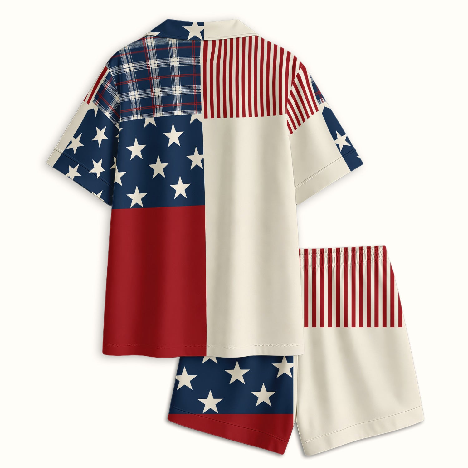 USA Flag Rose Patchwork Pattern Pajama Set, Soft Breathable Fabric Comfortable Sleepwear