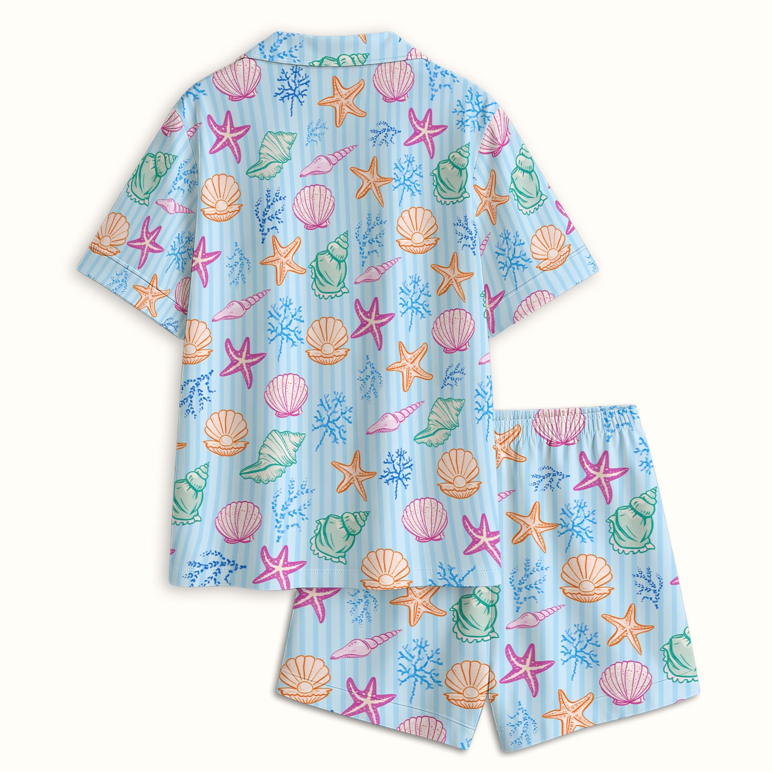 Colorful Seashell Starfish Ocean Stripe Pattern Pajama Set, Breathable Fabrics Uniform
