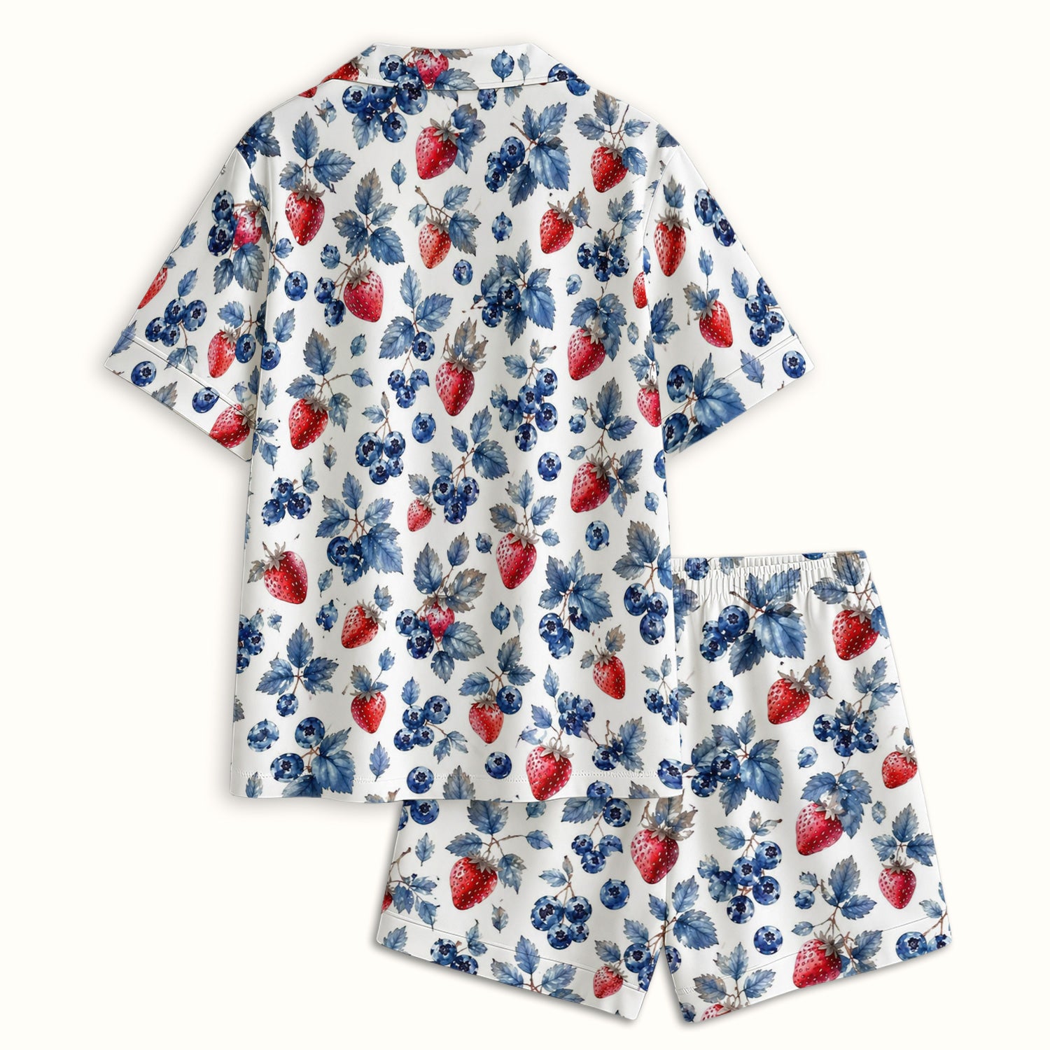 Cute Strawberry & Blueberry Leaf Pattern Pajama Set, Soft Breathable Fabric Comfortable Sleepwear